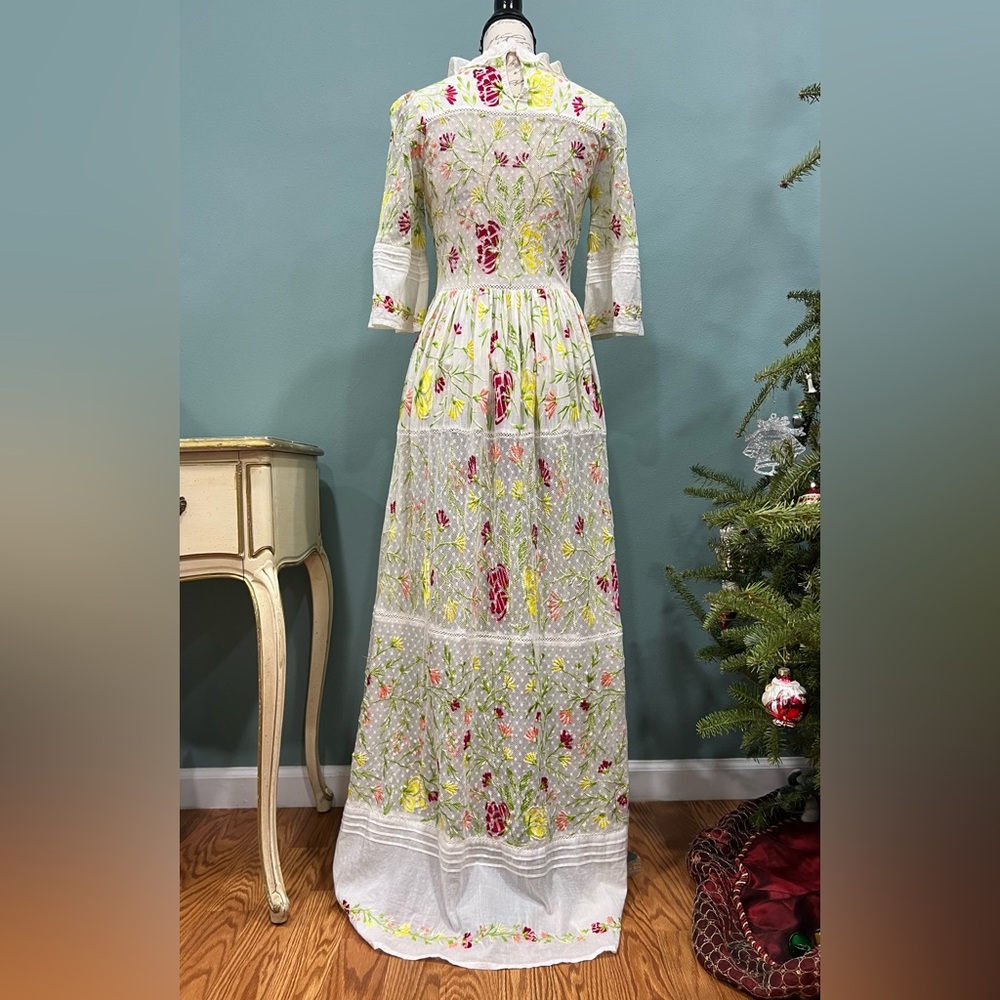 Antik Batik Fanya Boho Floral Embroidered Sheer Maxi Dress XS/36 Cottage Core - Picture 5 of 14
